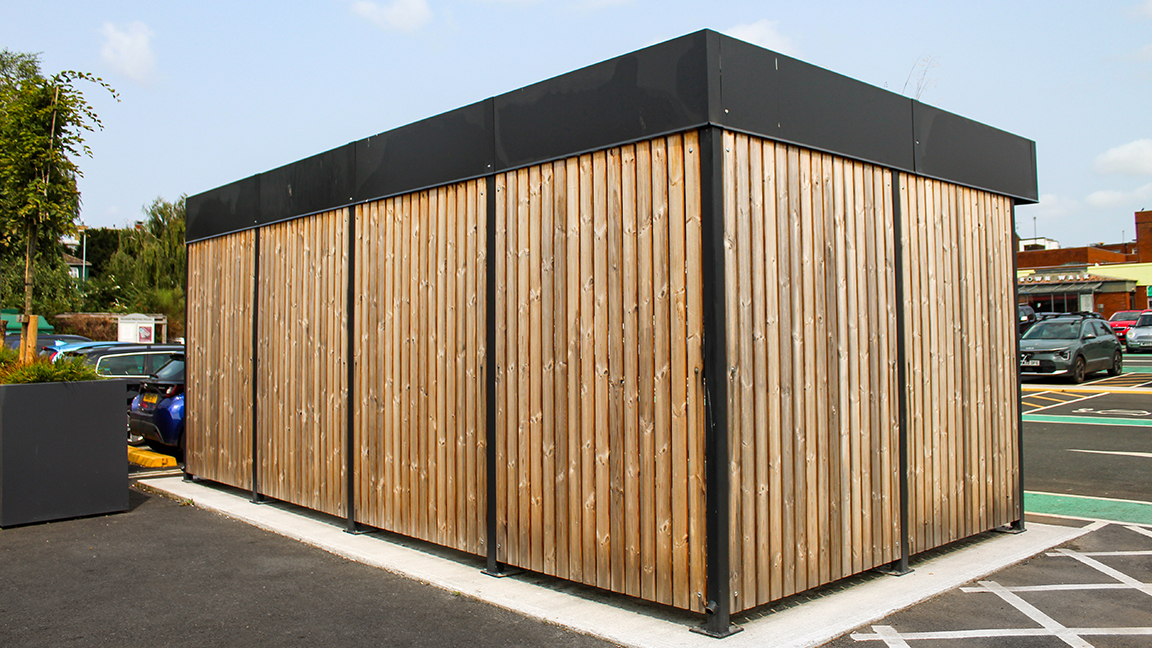 Cycle Hub with green roof and solar lighting - featuring bike parking including cargo bikes - plus repair station and bike pump