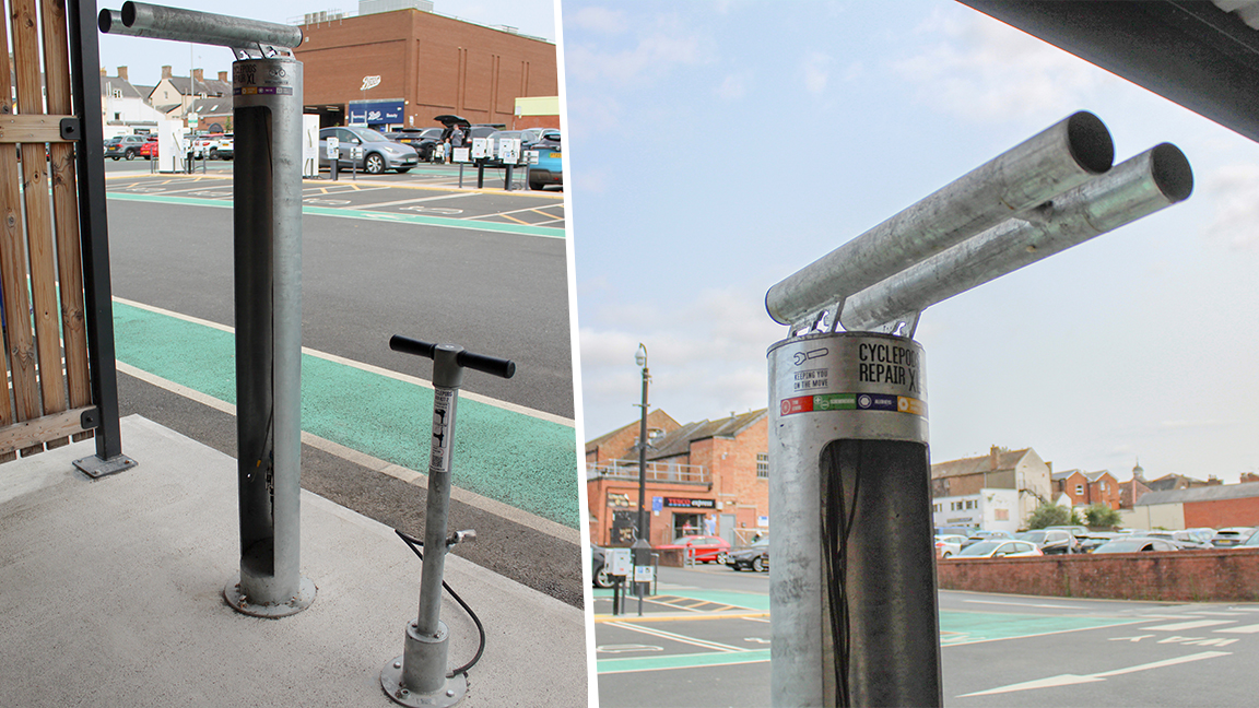 Cycle Hub with green roof and solar lighting - featuring bike parking including cargo bikes - plus repair station and bike pump