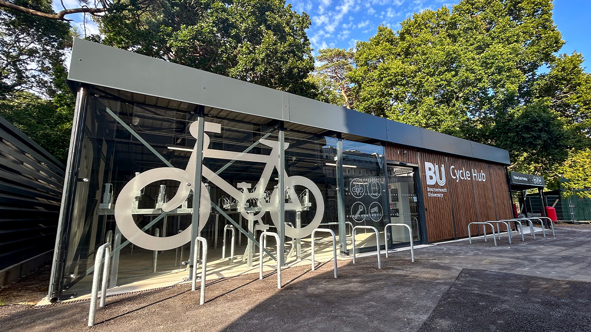 Cycle Hub with green roof - featuring bike parking including cargo bikes - plus repair station and bike pump